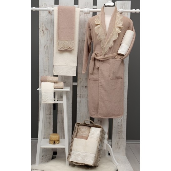 Peignoir de bain de luxe avec dentelle Gurur - Cappuccino