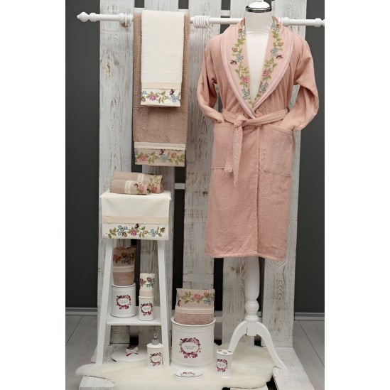 Peignoir de bain de luxe uni avec broderie "Karina" – Pêche